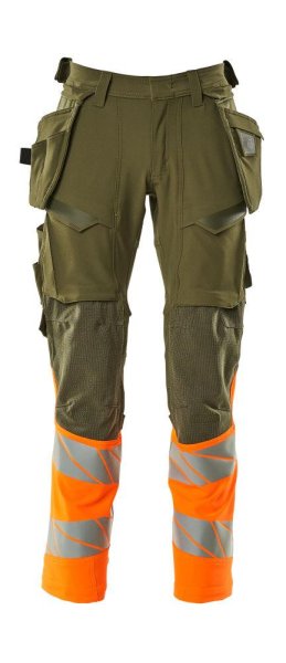 Zoom bild av Byxor med hängfickor, mossgrön/orange